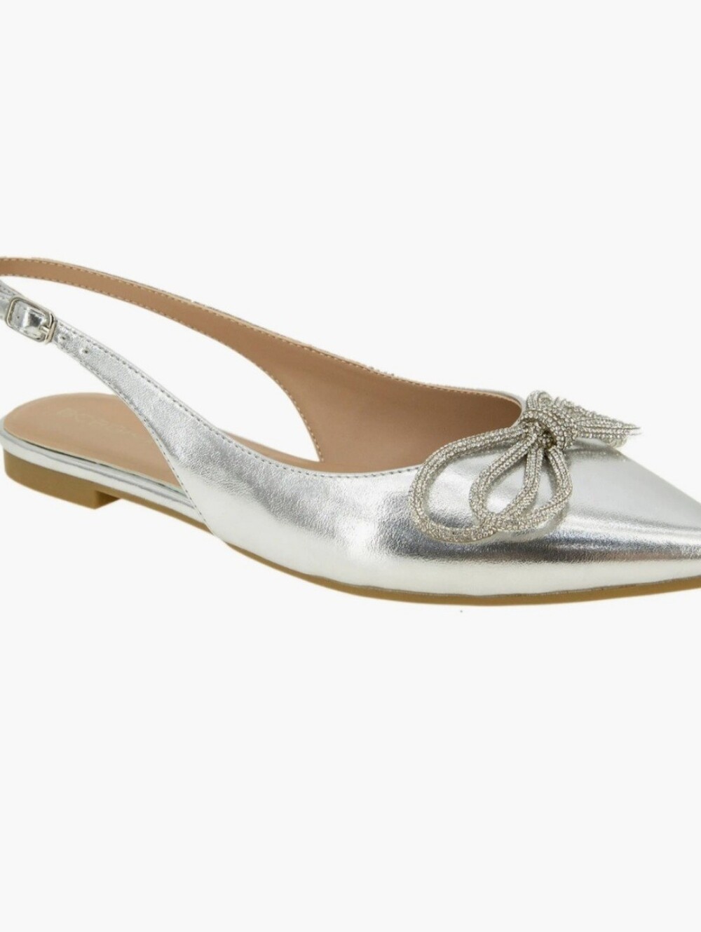 BCBG Kristin Metallic Silver Pointed Toe Slingback Flats with Decorative Bow